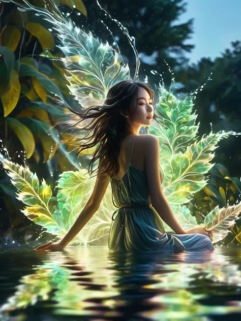  1 girl， beautiful，Sparkling Water ， motion blur，  Lots of Fractal Plants ，Cinematic lighting effects，蓮華座,  On the water,  reflection ,，【Glowing lines】,【Illumination example】，Tracking Example， flash ，  backlight， translucent ， light particles