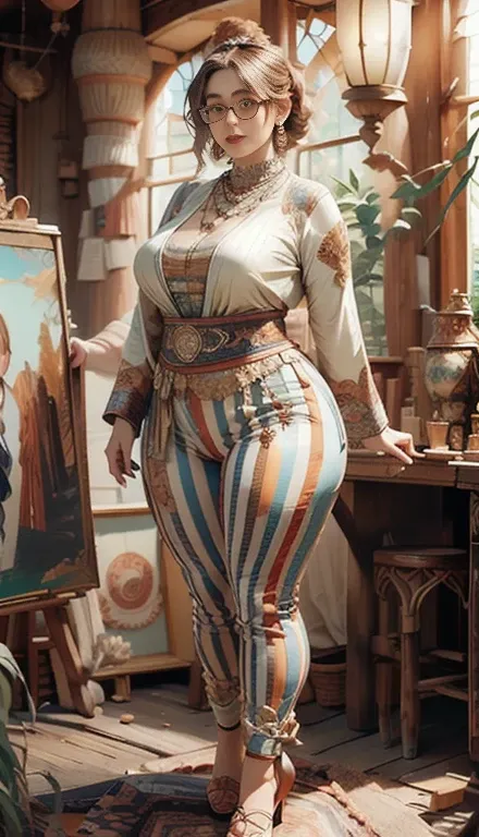 ((  best quality )), (( striped pants. Great painting)), ( detailed ),  perfect face,  full woman , fat , A chubby girl ,  Wider hips  , بطن fat ,  thick neck  ,, thick , Thick body ,  thick thighs , Thick arms , صدر صغير ولكن جسمها fat,  full body view , ...