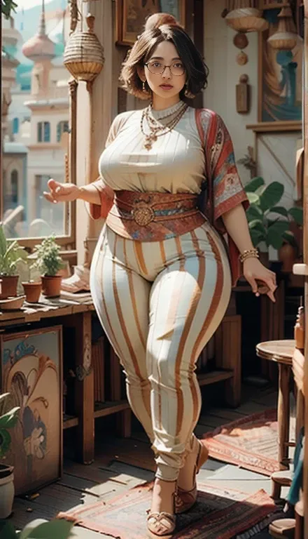 ((  best quality )), (( striped pants. Great painting)), ( detailed ),  perfect face,  full woman , fat , A chubby girl ,  Wider hips  , بطن fat ,  thick neck  ,, thick , Thick body ,  thick thighs , Thick arms , صدر صغير ولكن جسمها fat,  full body view , ...