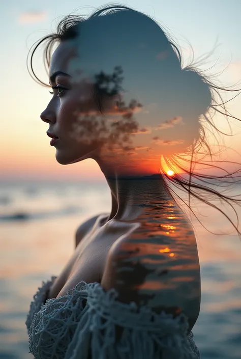  high quality, 8K ultra HD,Una hermosa double exposure que combina una silueta de diosa con la costa al atardecer,  the coast at dusk should serve as a backdrop ,  with its details incorporated in the goddess, sharp lines, The background is monochrome,  sh...