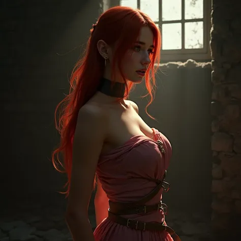 1 girl, solo, red hair girl, scared eyes, long flowing red hair parted at the side with a gentle breeze disrupting her hair, slave leather collar with buckle, submissive sex slave, standing alone in a locked in a dark dim dungeon with light streaming in th...