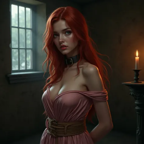 1 girl, solo, red hair girl, scared eyes, long flowing red hair parted at the side with a gentle breeze disrupting her hair, slave leather collar with buckle, submissive sex slave, standing alone in a locked in a dark dim dungeon with light streaming in th...