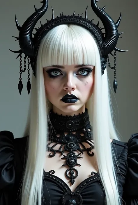  Create a photo of an ethereal-looking woman with a simple yet elegant Gothic aesthetic.  He has long white hair ,  with a smooth style that marks her face and with a pointed fringe.  She wears an elaborate headdress that combines dark metallic details , h...