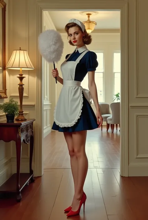 Beautiful young woman, light complexion, 20s,  in a classic maid's uniform.  Short, dark blue skirt, crisp white apron, and white cap.  Full-length shot, elegant pose.  She holds a large, white feather duster.  Expression is serene and composed,  slightly ...