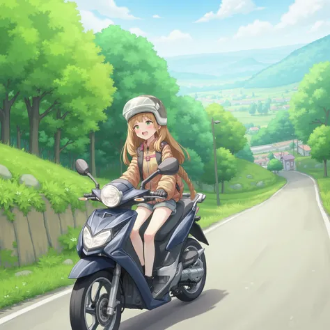 50cc motorcycle driving on country roads、18-year-old girl、jet helmet、A slope with a scent of fresh greenery in May