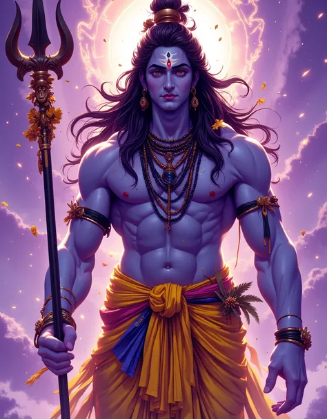 ((Close up))) ((Very Tall and big)), hyper detailed and perfect Portrait of Lord Shiva (long black floating hair, rudraaksh mala, yellow dhoti), holding his long Trident(trishul), standing, solid background dreamy environment,dreamy atmosphere, pollen part...