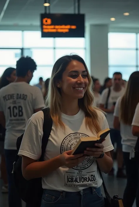 in the airport lobby , there is an atmosphere of serenity and joy.  multiple people, all with Bibles in their hands, waiting to board for the "Flight to Eternal Life" in Portuguese. The digital sign on the wall clearly displays: "Flight to Eternal Life" in...