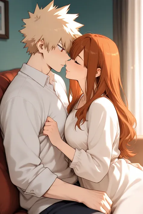 bakugo katsuki, girl with long auburn hair, couple, domestic, cute