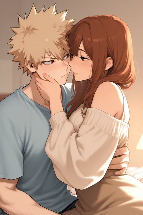 bakugo katsuki, girl with long auburn hair, couple, domestic, cute