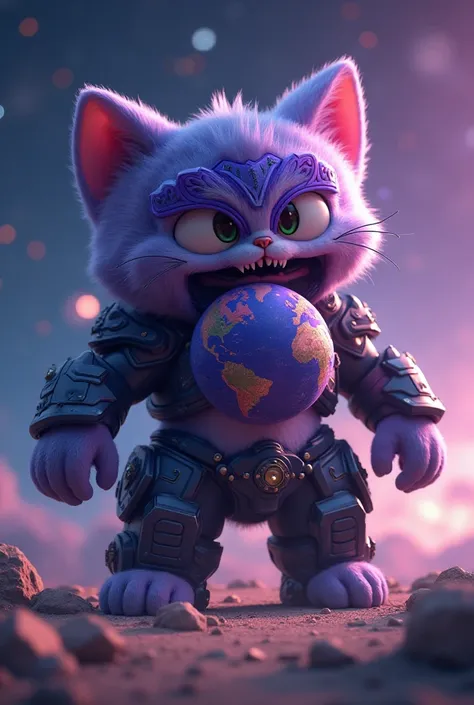 giant cute cat version 3d in space with purple and dark blue armor a purple mask 3d version eating a planet 