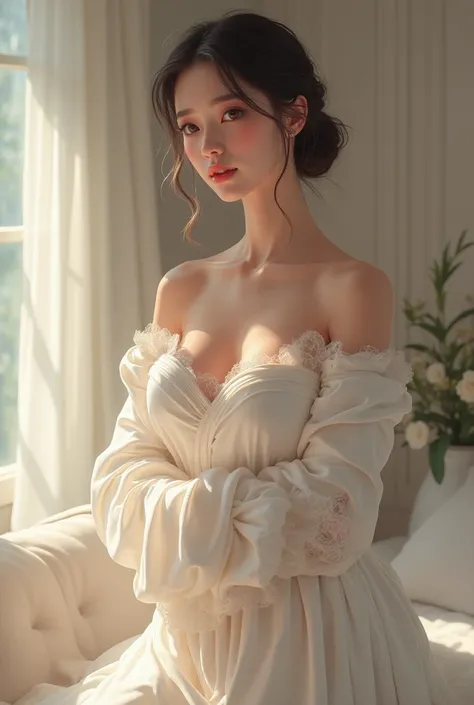 SENSUAL WHITE SATIN SWEATER IN MANNEQUIN WEDDING NIGHT.  anime style 