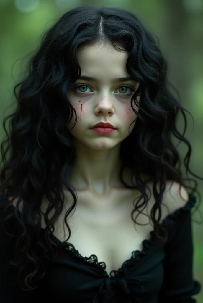 (A (severus snape's daughter:(european girl,black hair, green eyes), pose body small breast huge things black curly hair vampire fangs oiled 