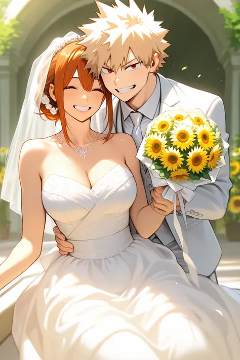 bakugo katsuki, girl with long auburn hair, sunflowers, wedding, smiling