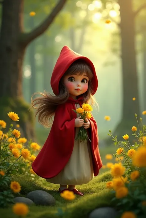 Little Red Riding Hood is picking yellow flowers in the forest that isn't a cartoon 