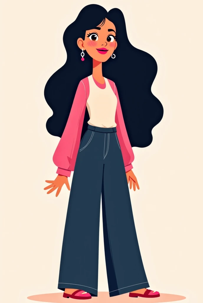  Create an illustrative cartoon of a female figure, long black wavy hair, Latin Piel, What has a cute and fun style ,  that have a blouse with a pink sleeve and collar ,  what has wide dark blue pants 