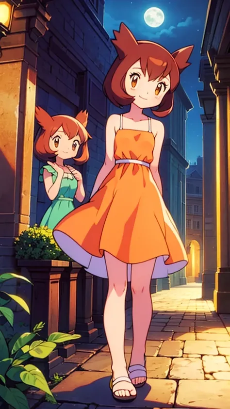 masterpiece, best quality, ultra-detailed, illustration, beautiful detailed eyes, very detailed illustration, cinematic lighting, 2. Girls, Pokemon Heroes (Bianca), Brown Hair, brown eyes, , sleeveless, collarbone, orange Camisole dress, orange dress, intr...