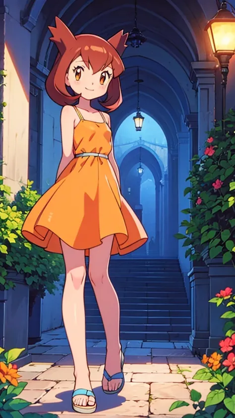 masterpiece, best quality, ultra-detailed, illustration, beautiful detailed eyes, very detailed illustration, cinematic lighting, 2. Girls, Pokemon Heroes (Bianca), Brown Hair, brown eyes, , sleeveless, collarbone, orange Camisole dress, orange dress, intr...