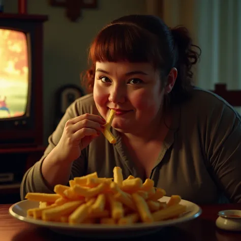  young woman , from 40 years ago, overweight, young woman eating French fries in front of the television,4K, lights