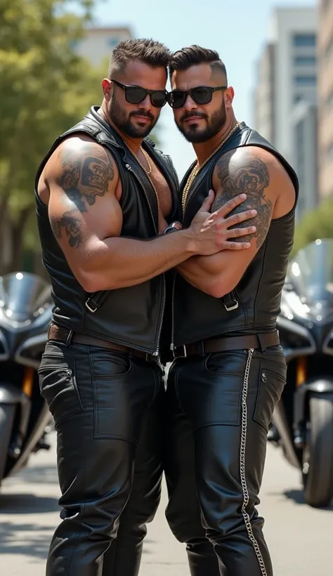 Realistic 2 hombres  ,  handsome muscular , a young one, And another Latino , hugged,  close upstrong and muscular legs, large lump, tight-fitting leather pants with chain, leather vest,  fashion with estoperoles , in fashion, handsome great detail  , tatt...