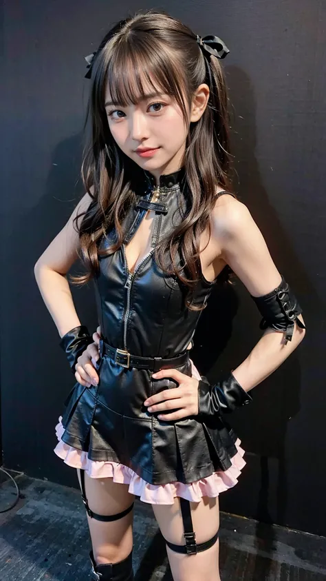 (8k、      RAW photos in the loop   、    top quality、 Masterpiece   :1.2)、(    is present   、    is present   )、1 person、((bangs、 Black Pretty Cure、 see through、 gloves、pink tight dress 、 frill、Belly button exposed、 miniskirt、  garter belt、smile、Show your s...