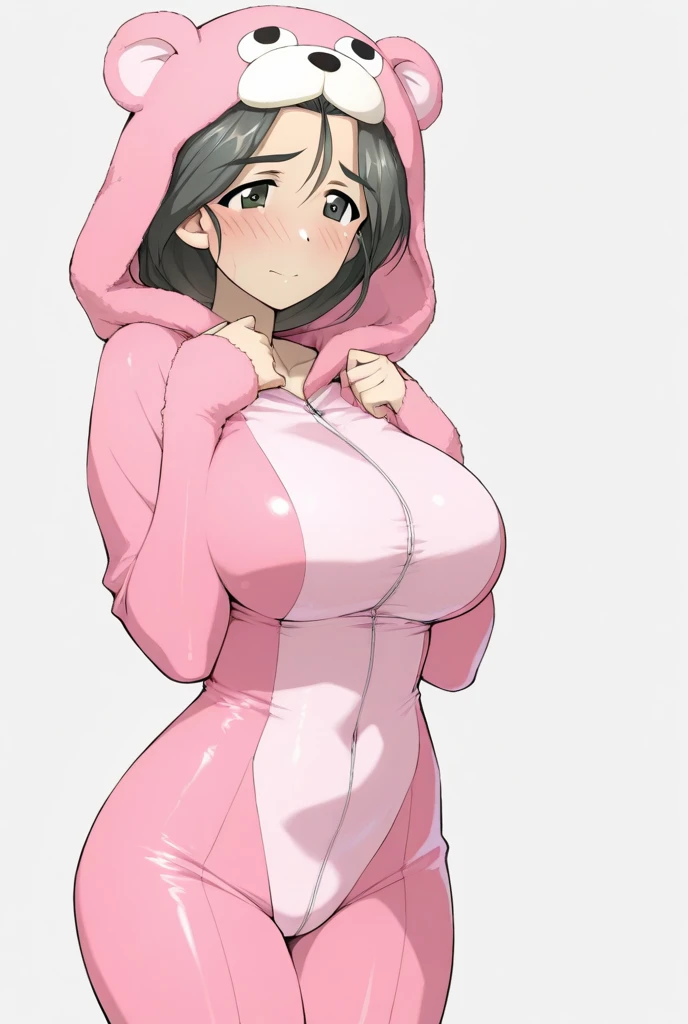 piyotan \(girls und panzer\),large breasts,animal costume,bodysuit,pink bodysuit,monkfish suit,blush,