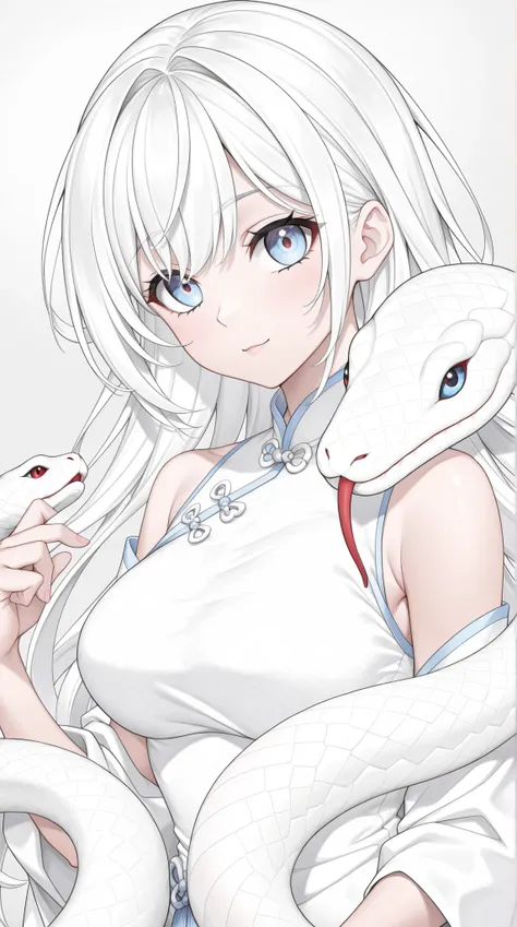 1 girl, silver hair, blue eyes, white cheongsam, ornate, pet a white snake, simple gray background, dutch angle, absurdres, masterpiece, best quality, UHD