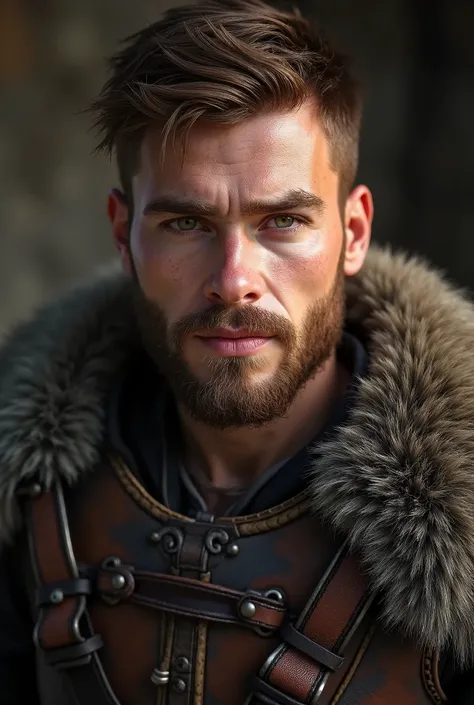 handsome but ordinary looking 23 years old Norse warrior, short brown hair, bearded, beautiful detailed eyes, extremely detailed face, leather light armor, serene gaze, photorealistic, cinematic lighting, dramatic lighting, high contrast, warm color tones,...