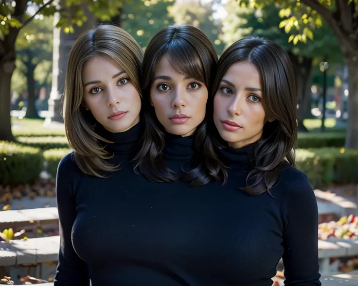 best resolution, half-body shot, ((3heads)), brunette Spanish woman next to blonde french woman, medium layered hair, panicking and afraid, public garden, wearing turtleneck