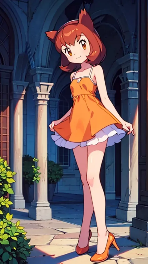 masterpiece, best quality, ultra-detailed, illustration, beautiful detailed eyes, very detailed illustration, cinematic lighting, 2. Girls, Pokemon Heroes (Bianca), Brown Hair, brown eyes, , sleeveless, collarbone, orange Camisole dress, orange dress, intr...