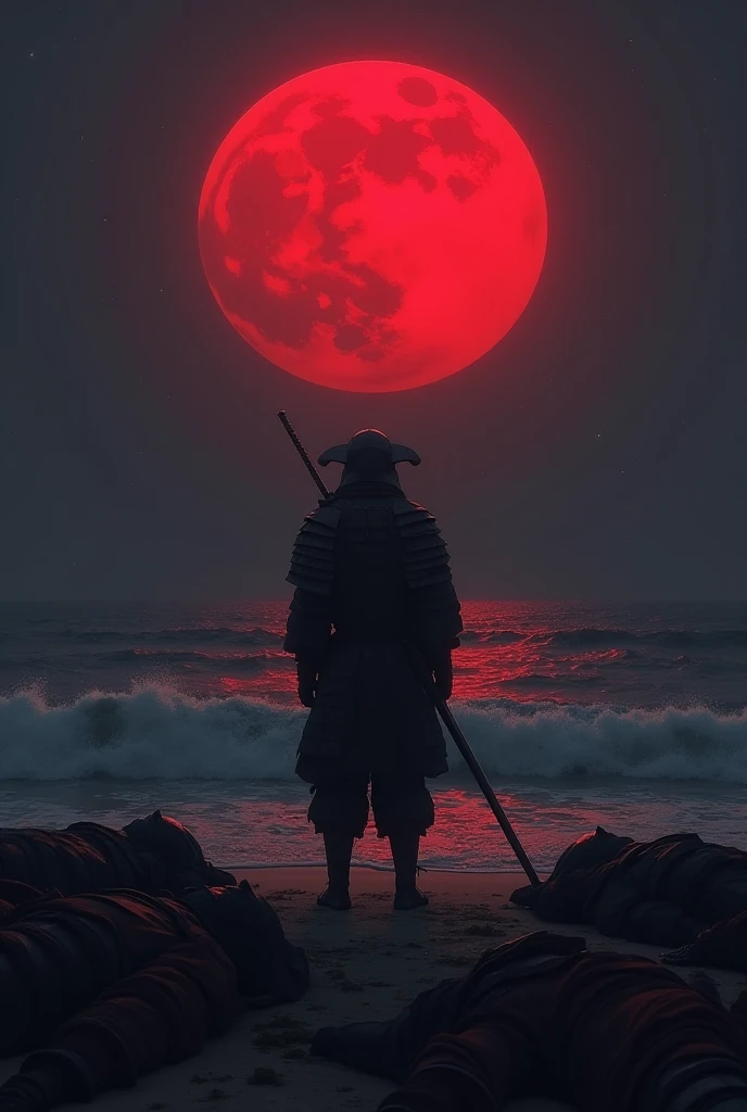 Silhouette of a samurai on beach surrounded by fallen allies looking up at a blood moon