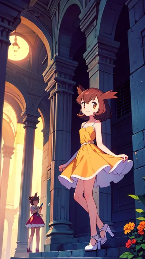 masterpiece, best quality, ultra-detailed, illustration, beautiful detailed eyes, very detailed illustration, cinematic lighting, 2. Girls, Pokemon Heroes (Bianca), Brown Hair, brown eyes, , sleeveless, collarbone, orange Camisole dress, orange dress, intr...