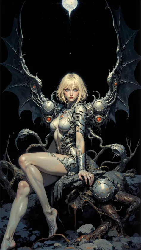 1 Girl,  alone,  blonde hair,  golden eyes,   very short hair  , Sitting,   mechanical parts , Knee up,  sci-fi ,   black background, Luminescence, Mechanical Wings,  colored skin , Metal housing:1.2