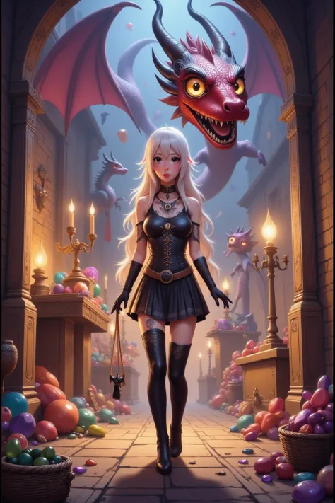 9subject 1: A gorgeous enchantress (cute, age 20, sexy small jester outfit, arcane tattoos, matching gloves, matching boots, platinum hair), has reached a fantasy treasure room with piles of gems and gold, she freezes in terror as she see the ruby dragon l...