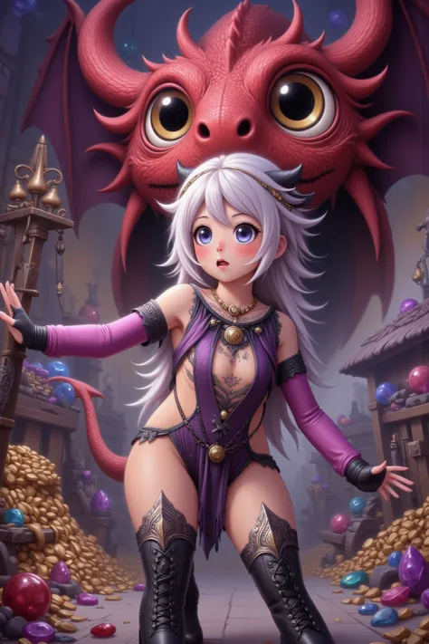 9subject 1: A gorgeous enchantress (cute, age 20, sexy small jester outfit, arcane tattoos, matching gloves, matching boots, platinum hair), has reached a fantasy treasure room with piles of gems and gold, she freezes in terror as she see the ruby dragon l...