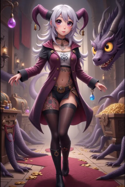 9subject 1: A gorgeous enchantress (cute, age 20, sexy small jester outfit, arcane tattoos, matching gloves, matching boots, platinum hair), has reached a fantasy treasure room with piles of gems and gold, she freezes in terror as she see the ruby dragon l...