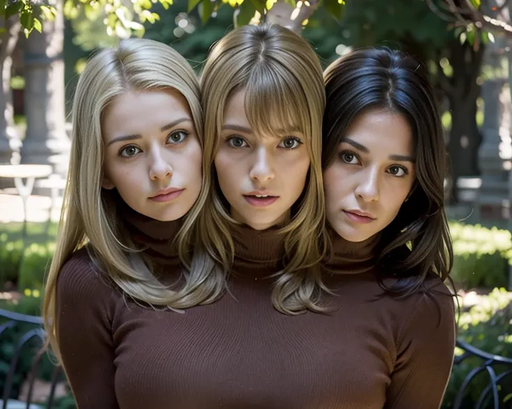 best resolution, half-body shot, ((3heads)), Spanish woman next to french woman, blonde, medium layered hair, panicking and afraid, public garden, wearing turtleneck