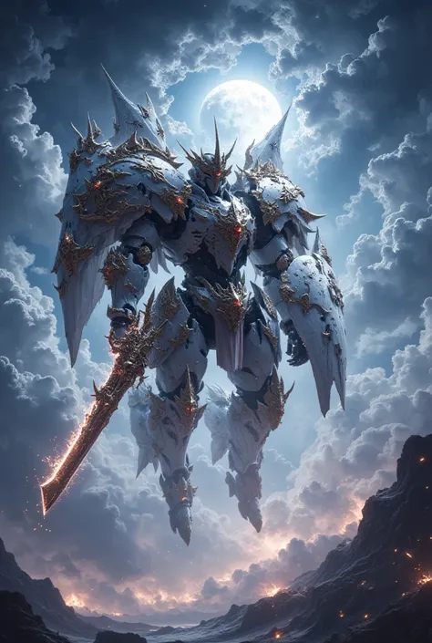  ( Fantasy    )(    Steampunk Night War  、  The white machine dragon night robot has a shield and sword、 scene where they jump high in the sky and slash   )(Sparks of the Great War fly 、Wind pressure )(  Beautiful Blue Sky  )(  front-line configuration   )...