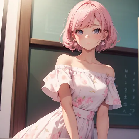 Short off-shoulder hair in pink and white，Scallop White Floral Dress，Dignified and wonderful teacher, Beautiful Girl