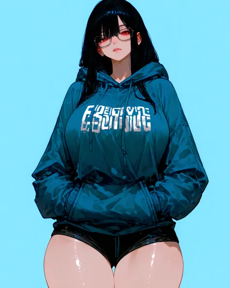       8k wallpaper、 Masterpiece、 top quality、 very aesthetic ,   absurd,   latest,              1 female、Hoodie、 sweatshirt , Glasses, 、 wide hips   、    protruding thighs 、   very large breasts photorealistic   ,      Light blue background 、        simple...