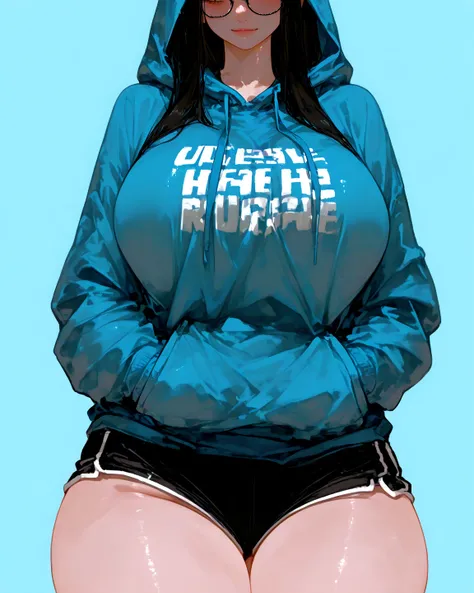       8k wallpaper、 Masterpiece、 top quality、 very aesthetic ,   absurd,   latest,              1 female、Hoodie、 sweatshirt , Glasses, 、 wide hips   、    protruding thighs 、   very large breasts photorealistic   ,      Light blue background 、        simple...