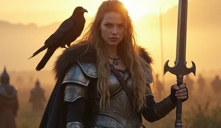  An impressive Viking warrior ,  of fierce eyes and imposing posture ,  wearing armor detailed with Norse symbols .  Her long hair flows in the wind ,  while two black crows , Huginn and Muninn , perch on her shoulders .  The setting is a misty battlefield...