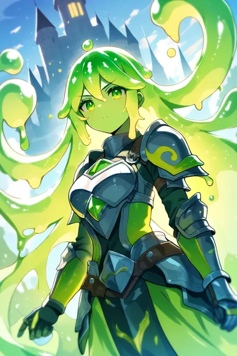 masterpiece, best quality, absurdres, slime girl, 1girl, serious, (armor:1.2), green skin, slime hair, solo, castle, safe