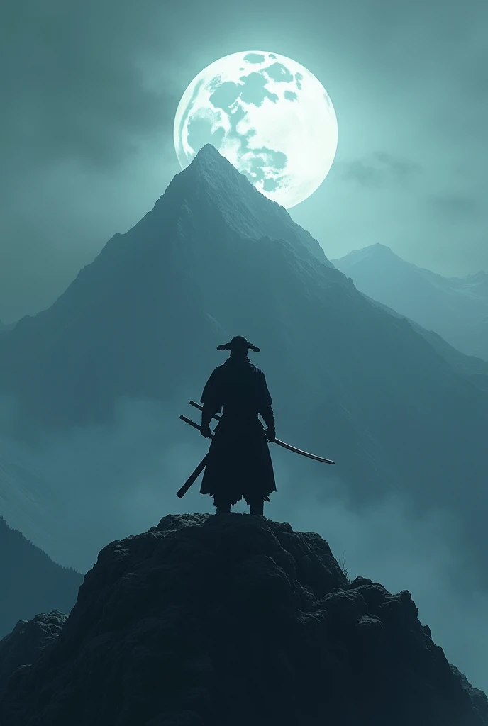 Distant mountain with partially visible moon behind and a samurai on with his sword unsheathed and in the air on top of the mountain