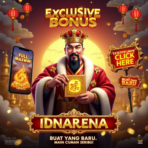 Create a highly engaging and visually dynamic promotional banner for an online gaming platform, featuring a regal and powerful Chinese emperor as the central character. The emperor, wearing an ornate golden crown and luxurious red-and-gold robes lined with...