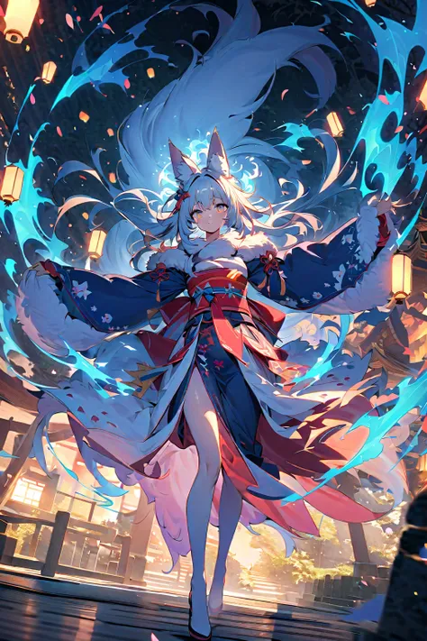 torii　Shrine maiden　Nine-Tailed Fox　fox Light blue hair 　beast girl　indigo fur　fox beast girl　fox Light blue hair 　beast girl　indigo fur　fox beast girl　Wallpaper 4k,8k,highly detailled,,vivid colors,detailed kitsune with 9 tails,traditional Japanese artwor...