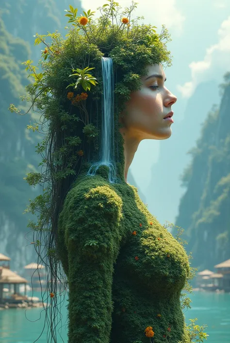 A beautiful woman's body is full of small trees, flowers, vines, and plants, a waterfall flowing from her head, that waterfall looks like her hair, a waterfall flowing from her body and falling into the sea. She is very beautiful. She is a symbol of nature...