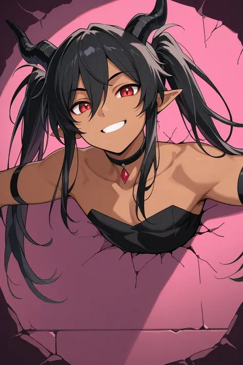 breaking through pink background, solo, dragon horns, black hair, smile, pointy ears, dark skin,red eyes, long hair, looking at viewer, sticking out of a hole, 1boy, male focus, anime dark skin,solo, black hair, Twin tails ,smile, long hair, grin ,choker, ...