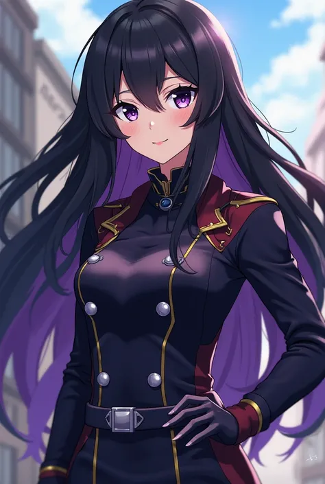  Hero Academia, feminine gender,Vicolor purple eyes and another black  , long black hair and purple tips,My hero academy uniform