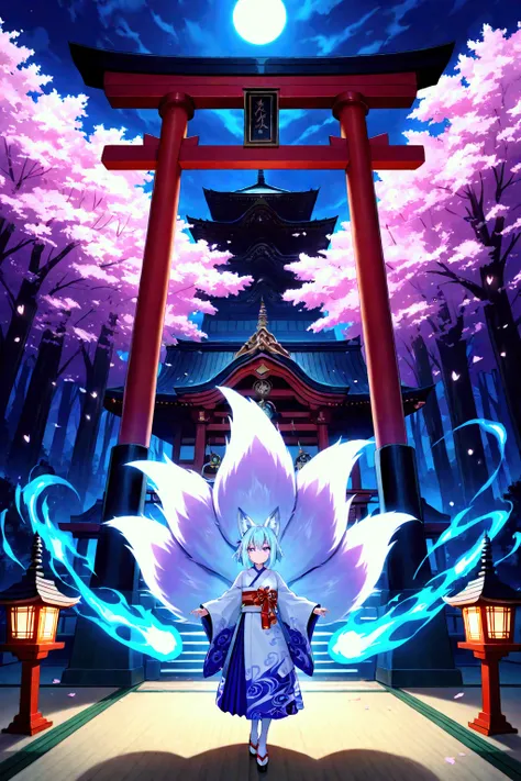 torii　Shrine maiden　Nine-Tailed Fox　fox Light blue hair 　beast girl　indigo fur　fox beast girl　fox Light blue hair 　beast girl　indigo fur　fox beast girl　Wallpaper 4k,8k,highly detailled,,vivid colors,detailed kitsune with 9 tails,traditional Japanese artwor...