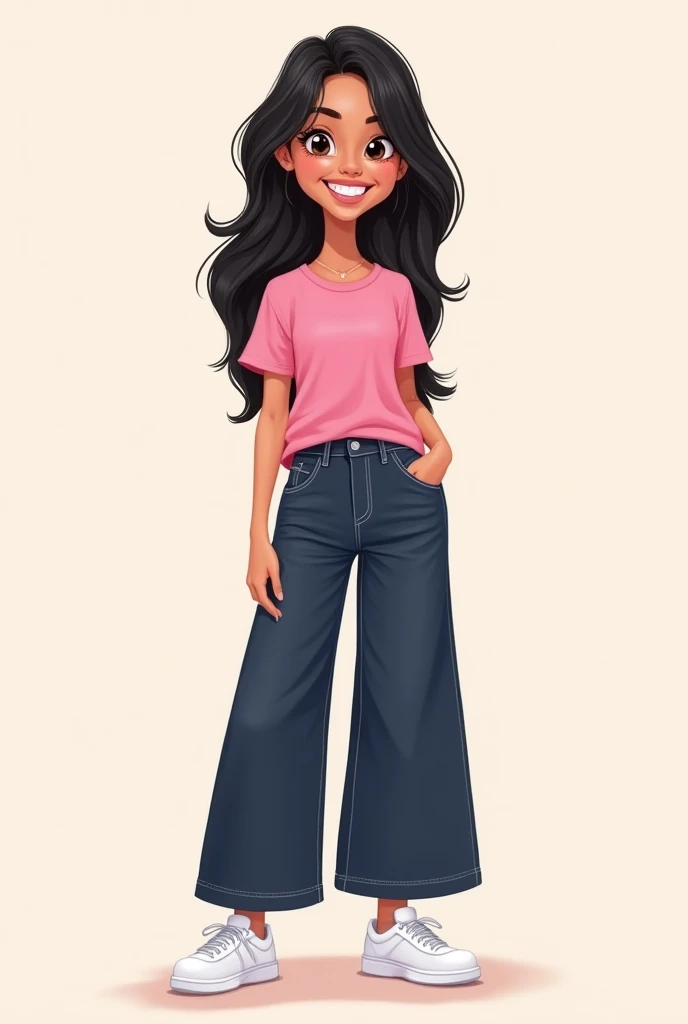  Create a feminine illustration-type cartoon for my cosmetics brand.  Let me be a teenager with long straight black hair , Piel Trigueña Latina,  that has a wide dark Jean ,  white sneakers, pink t-shirt blouse ,  that has a youthful and fun style , that h...